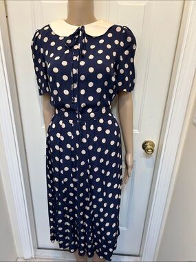VTG I. Magnin Blue White Polka Dot Midi Skirt & Blouse Suit Set Peter Pan Collar